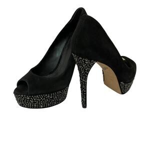 B Brian Atwood Black Suede Crystal Studded Peep Toe Platform Pumps 6.5